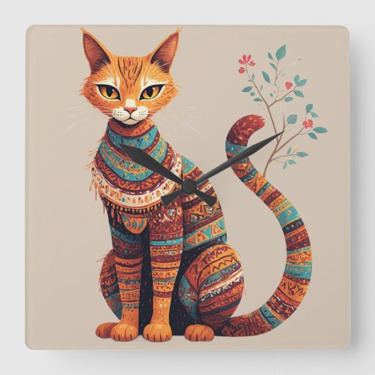 Boho Tribal Cat Illustration Cute Folk Art Design スクエア壁時計 (正面)