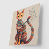 Boho Tribal Cat Illustration Cute Folk Art Design スクエア壁時計 (傾斜)