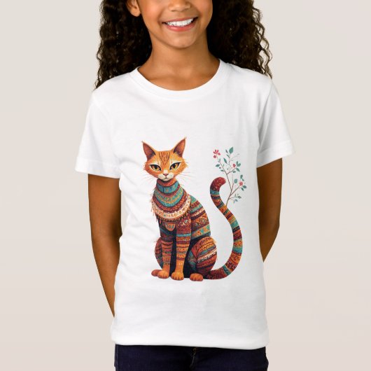 Boho Tribal Cat Illustration Cute Folk Art Design Tシャツ (正面)