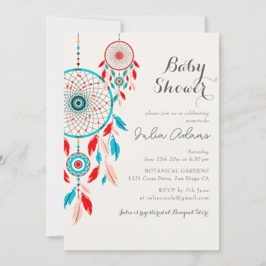 Boho Tribal feather Dreamcatcher Baby Shower 招待状 (正面)