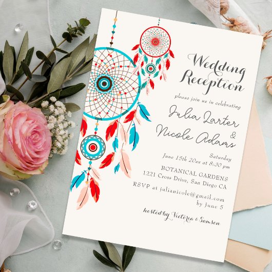 Boho Tribal feather Dreamcatcher Wedding Reception 招待状