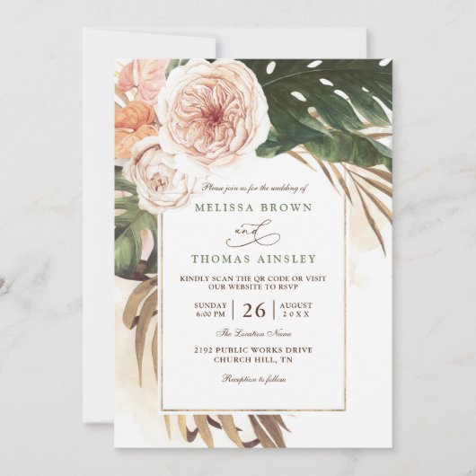 Boho Tropical Floral Desert Chic QR Code Wedding 招待状 (正面)