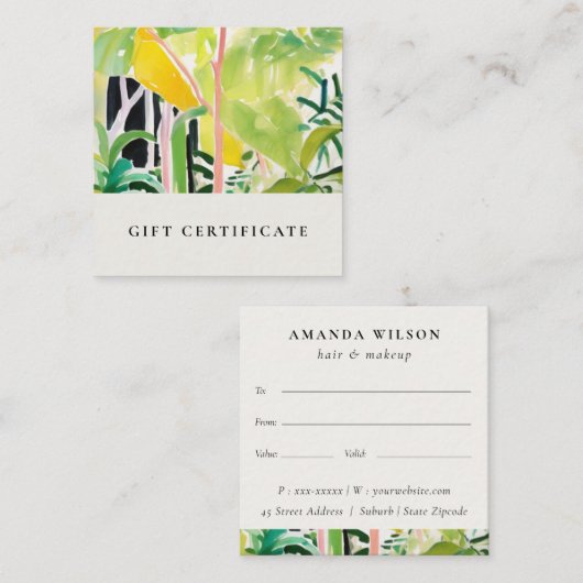 Boho Tropical Foliage Botanical Gift Certificate スクエア名刺 (正面/裏面)