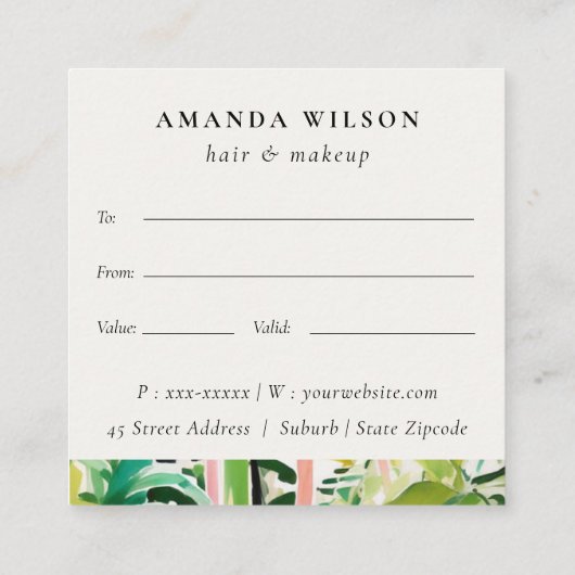 Boho Tropical Foliage Botanical Gift Certificate スクエア名刺 (裏面)