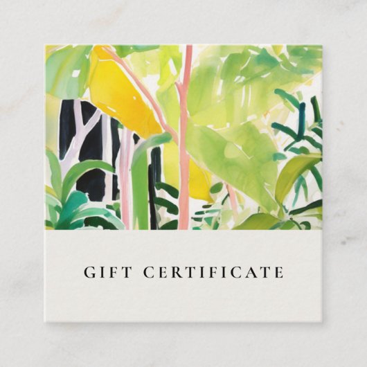 Boho Tropical Foliage Botanical Gift Certificate スクエア名刺 (正面)