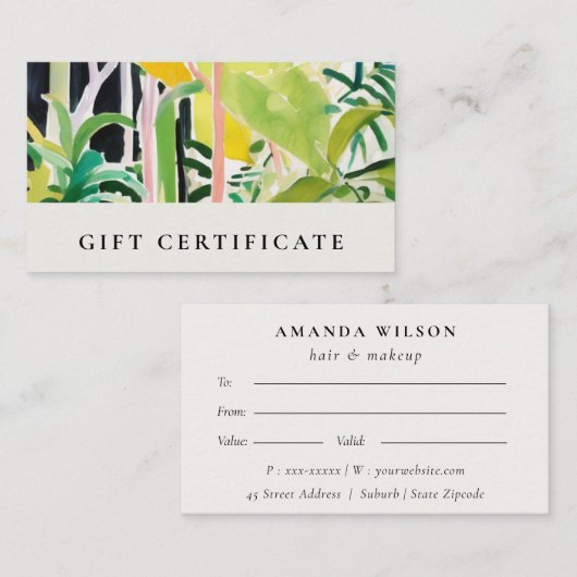 Boho Tropical Foliage Botanical Gift Certificate 名刺 (正面/裏面)