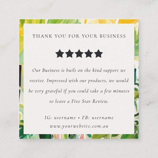 Boho Tropical Foliage Botanical Review Request スクエア名刺 (裏面)