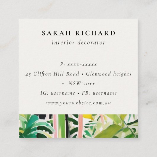 Boho Tropical Leafy Foliage Botanical Thank You スクエア名刺 (裏面)