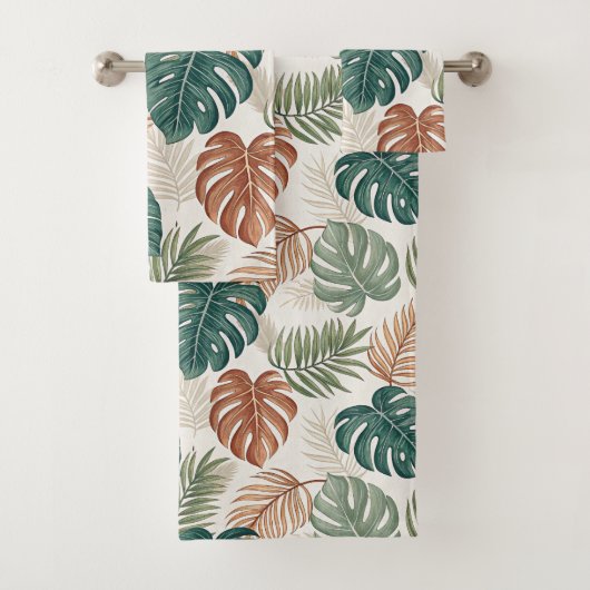 Boho Tropical Leaves Pattern Rust Green Beige バスタオルセット (インサイチュ)