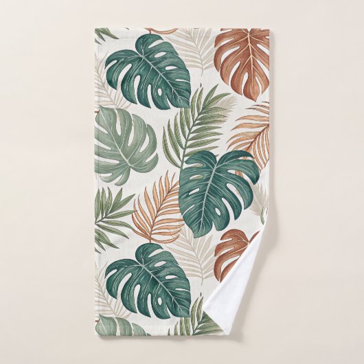 Boho Tropical Leaves Pattern Rust Green Beige バスタオルセット (ハンドタオル)