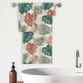 Boho Tropical Leaves Pattern Rust Green Beige バスタオルセット