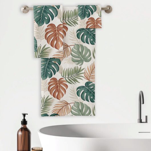 Boho Tropical Leaves Pattern Rust Green Beige バスタオルセット