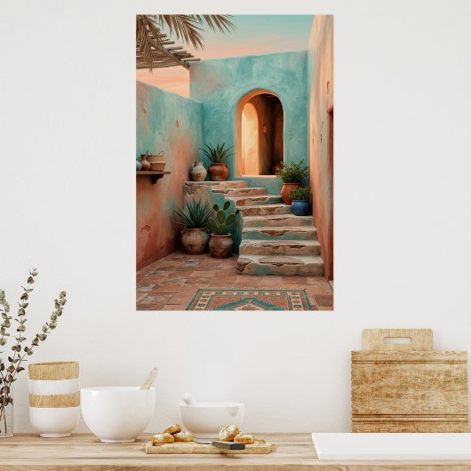 Boho Turquoise Desert Courtyard, Rustic Staircase  ポスター (キッチン)