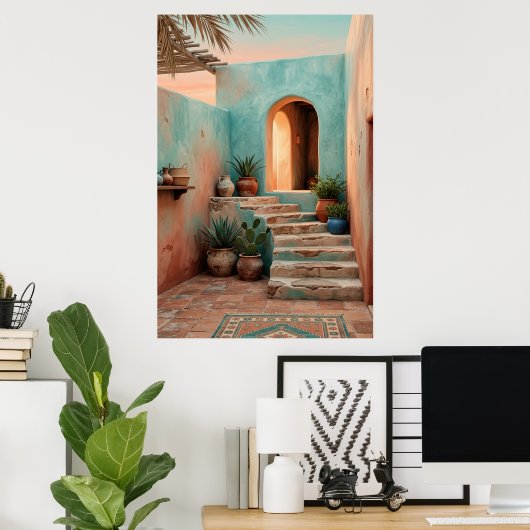 Boho Turquoise Desert Courtyard, Rustic Staircase ポスター (ホームオフィス)