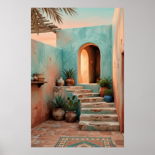 Boho Turquoise Desert Courtyard, Rustic Staircase ポスター (正面)