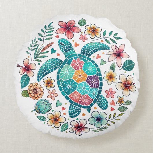 Boho Turquoise Floral Sea Turtle - Coastal ラウンドクッション (正面)