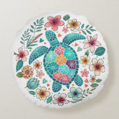 Boho Turquoise Floral Sea Turtle - Coastal ラウンドクッション (裏面)