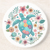 Boho Turquoise Floral Sea Turtle - Coastal Round コースター (正面)