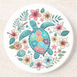 Boho Turquoise Floral Sea Turtle - Coastal Round コースター