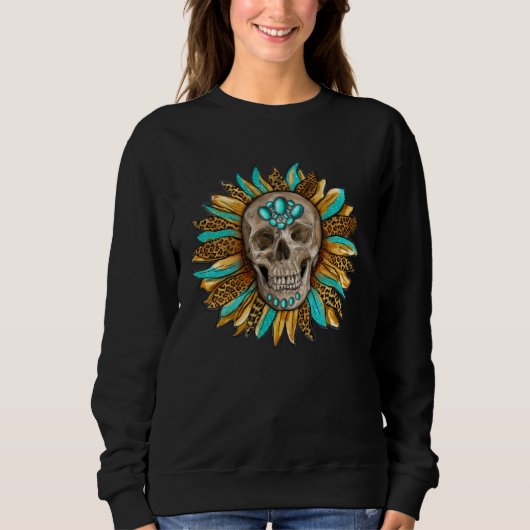 Boho Turquoise skull sunflower turquoise Gypsy Sou スウェットシャツ (正面)