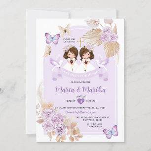 BOHO TWIN GIRL First Holy Communion紫色の花 招待状