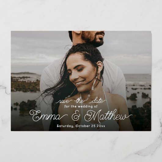 Boho Under the Sea写真カーリー日付を保存 箔招待状 (正面)