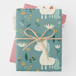 Boho unicornデザイン,ミュートされたパステル色,子供部屋 ラッピングペーパーシート