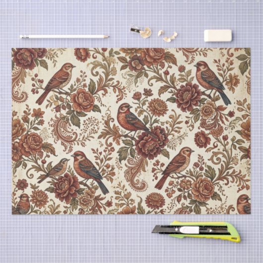 Boho Vintage Birds & Florals 薄葉紙 (クラフト)