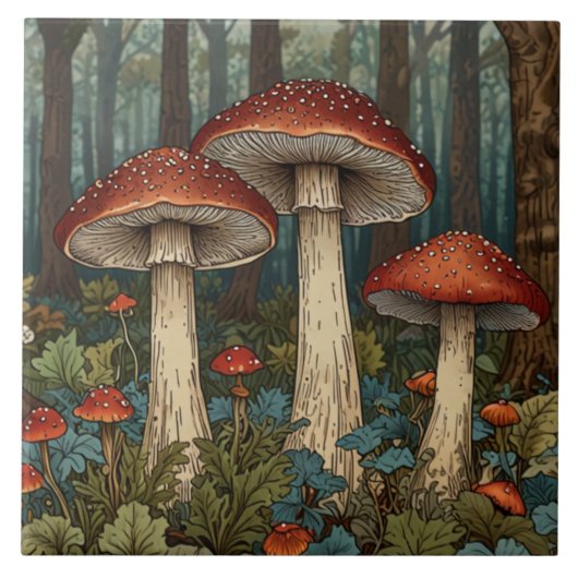 Boho vintage mushrooms woodland forest タイル (正面)