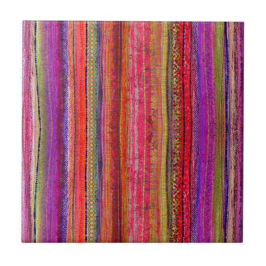 Boho Vintage Red Violet Stripes -  タイル (正面)