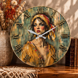 Boho Vintage Woman Rustic Portrait Wall Art ラージ壁時計