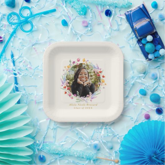 Boho Waterカラーフローラ卒業パーティー写真 ペーパープレート (パーティー)