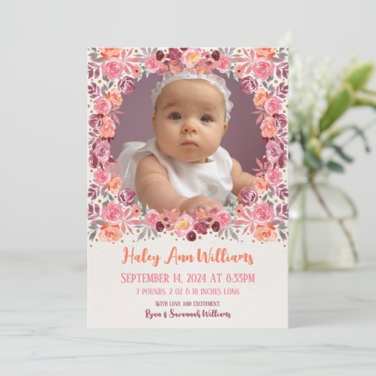 Boho Waterカラーフローラ生まれたばかりのベビーガール写真 案内状 (スタンド正面)