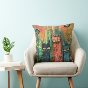 Boho Water Color Cats 自然 - Feline Art クッション