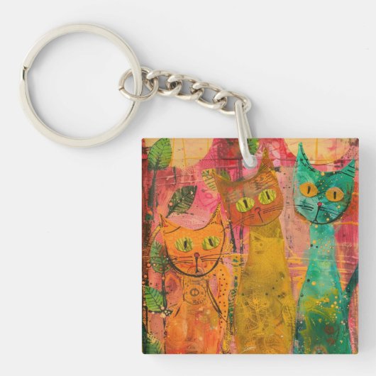 Boho Water Color Cats 自然 - Feline Art (2) キーホルダー (正面)