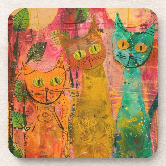 Boho Water Color Cats 自然 - Feline Art (2) コースター (正面)