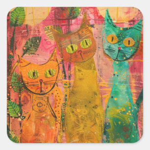 Boho Water Color Cats 自然 - Feline Art (2) スクエアシール