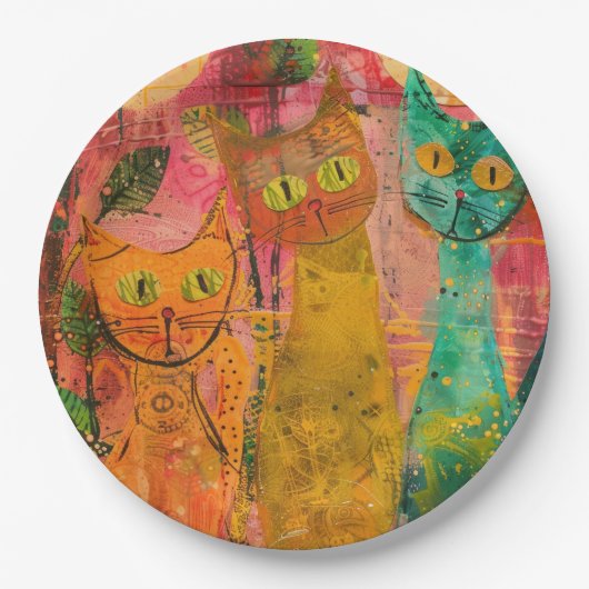 Boho Water Color Cats 自然 - Feline Art (2) ペーパープレート (正面)