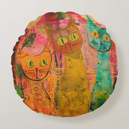 Boho Water Color Cats 自然 - Feline Art (2) ラウンドクッション (正面)