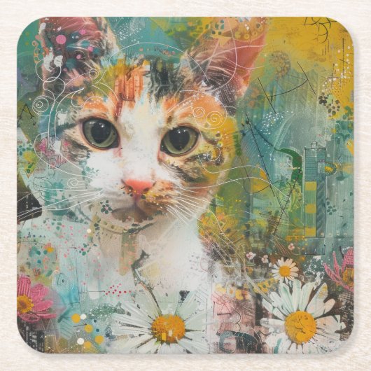 Boho Water Color Cats 自然 - Feline Art (3) スクエアペーパーコースター (正面)