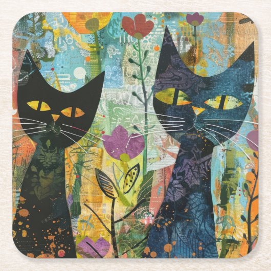 Boho Water Color Cats 自然 - Feline Art (4) スクエアペーパーコースター (正面)