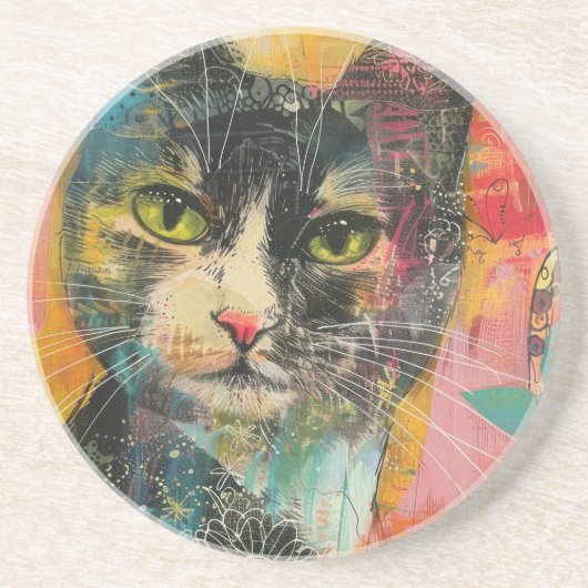 Boho Water Color Cats 自然 - Feline Art (6) コースター (正面)