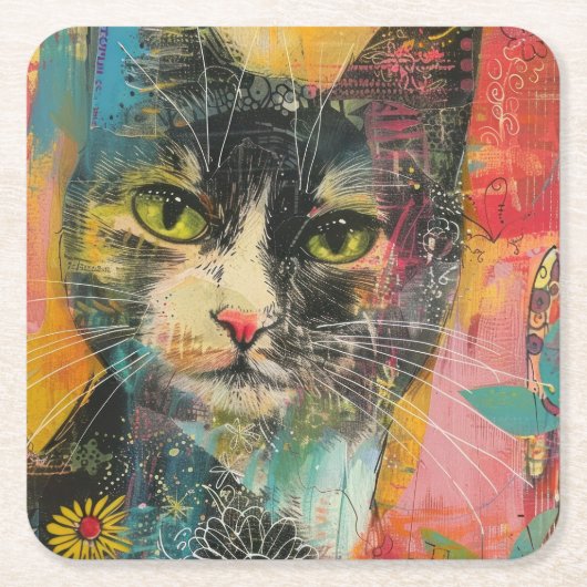 Boho Water Color Cats 自然 - Feline Art (6) スクエアペーパーコースター (正面)