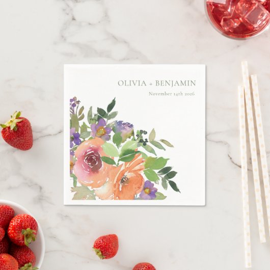 Boho Water Color Purple Orangeのフローラ結婚の名前 スタンダードカクテルナプキン (インサイチュ)