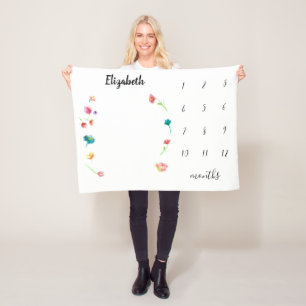 Boho Watercolorフラワーベビーマイルストーン フリースブランケット