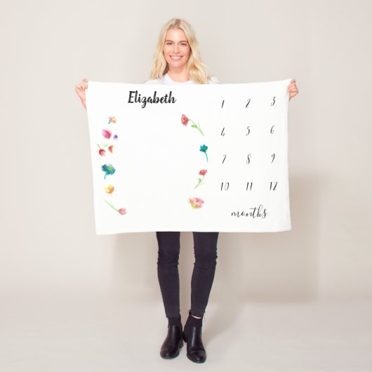Boho Watercolorフラワーベビーマイルストーン フリースブランケット (インサイチュ)