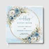 Boho Watercolor Blue Flowers Gold Guest Book ゲストブック (正面)