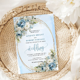Boho Watercolor Blue Flowers Gold Wedding Invite 招待状