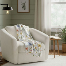 Boho Watercolor Blue Yellow Pink Wildflower フリースブランケット