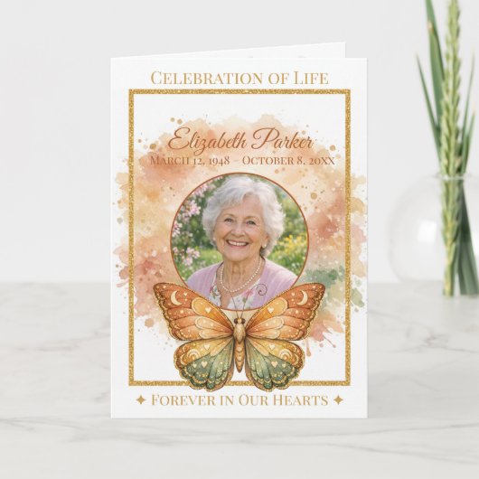 Boho Watercolor Butterfly Funeral Program Template カード (正面)